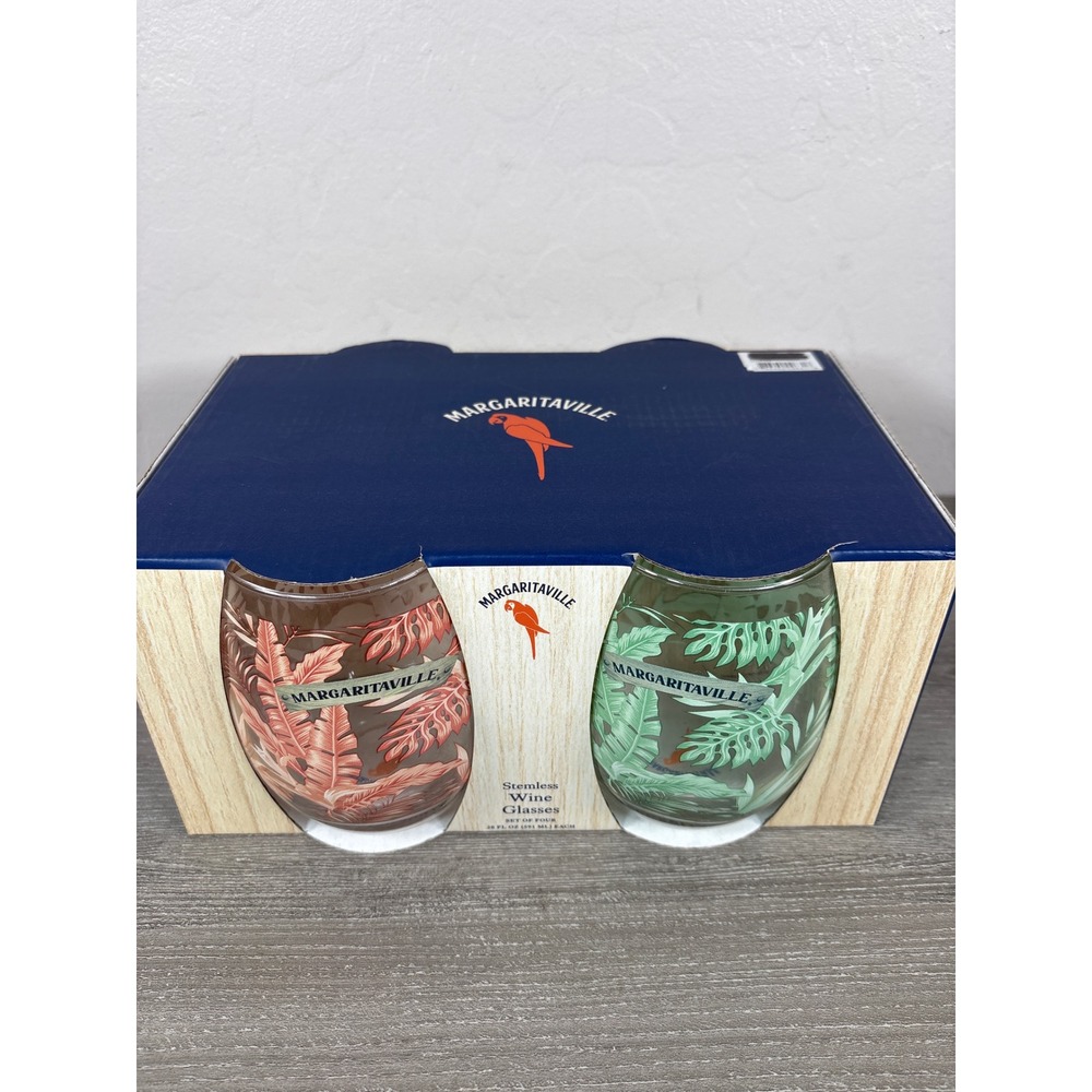 Margaritaville Stemless Wine Glasses Set of 4 Tropical Palm Leaf 20oz New